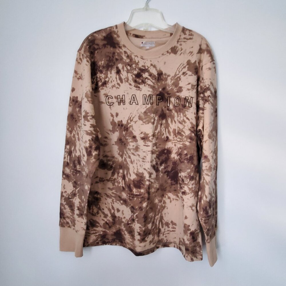 Men's CHAMPION Long Sleeve Shirt Casual Two Tone Brown Tie Dye